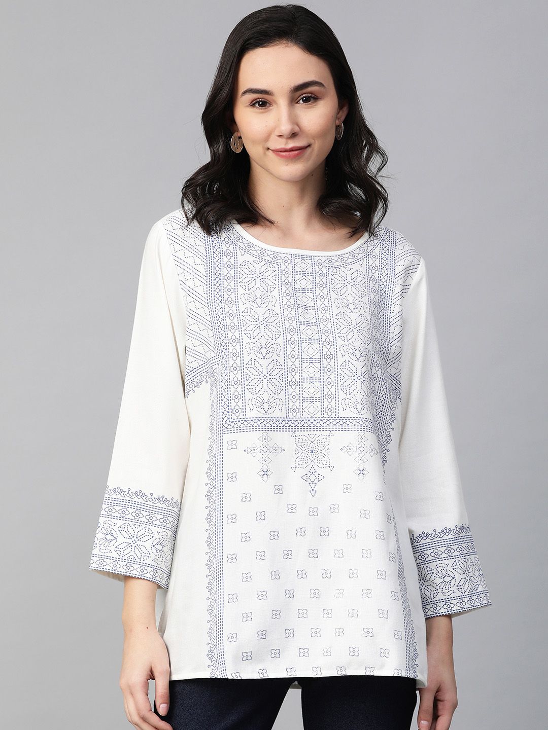 Global Desi White & Navy Blue Sustainable Printed Top