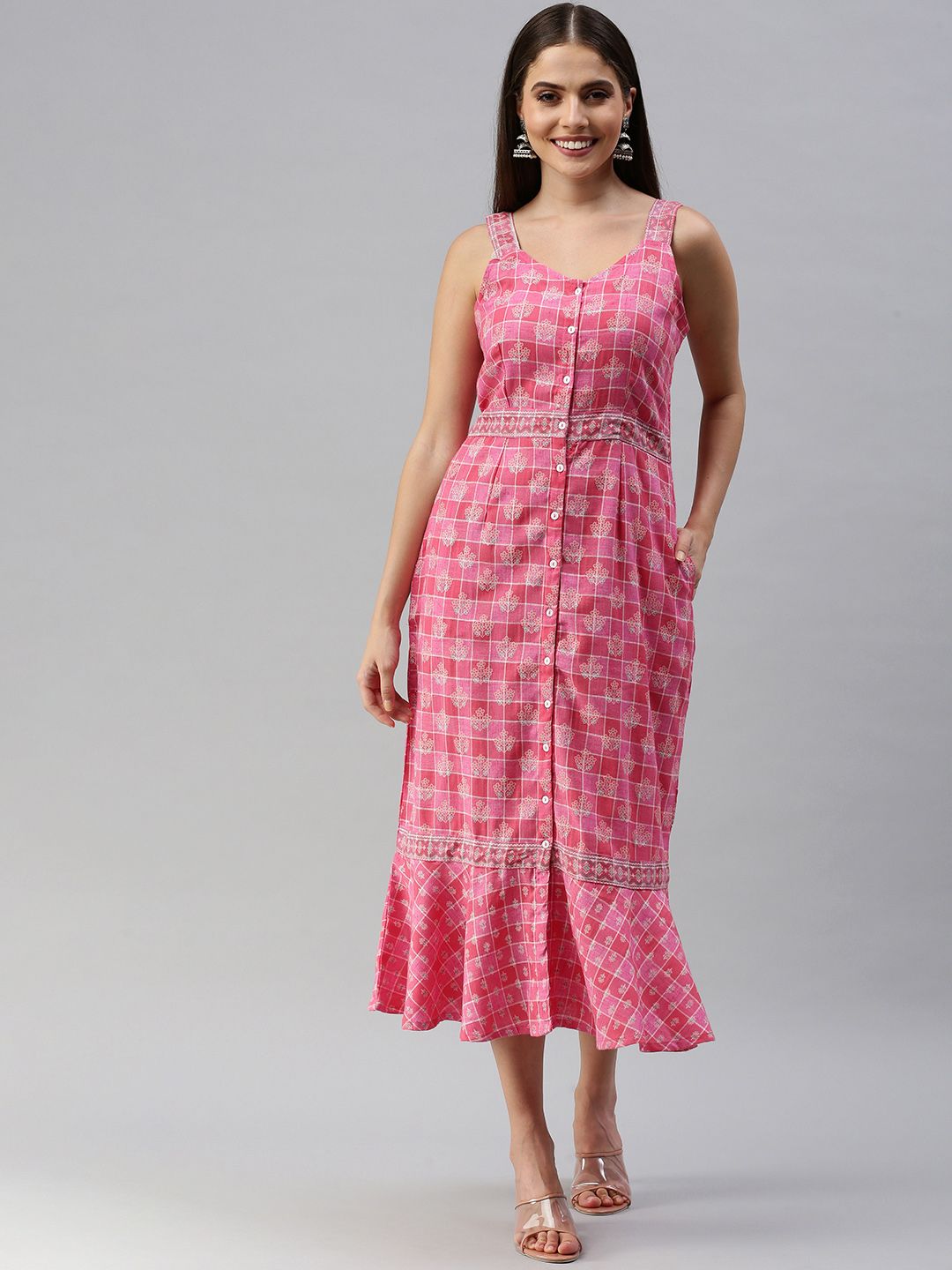 Global Desi Women Pink & White Floral Printed A-Line Midi Dress Price in India