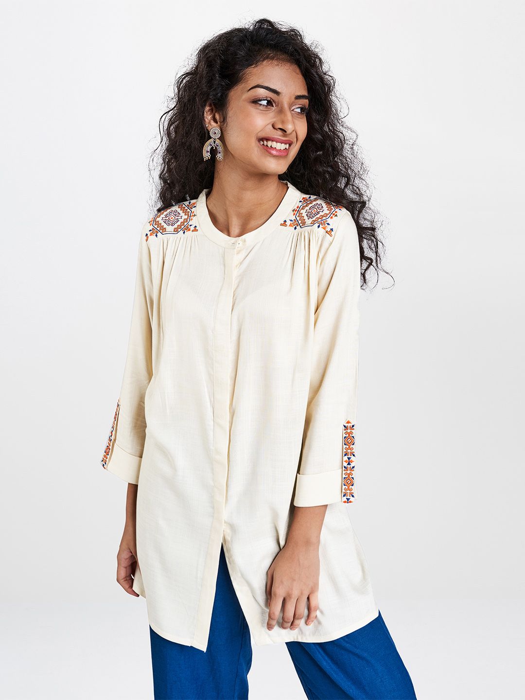 Global Desi Women Off-White Ecovero Embroidered Detail Tunic Price in India