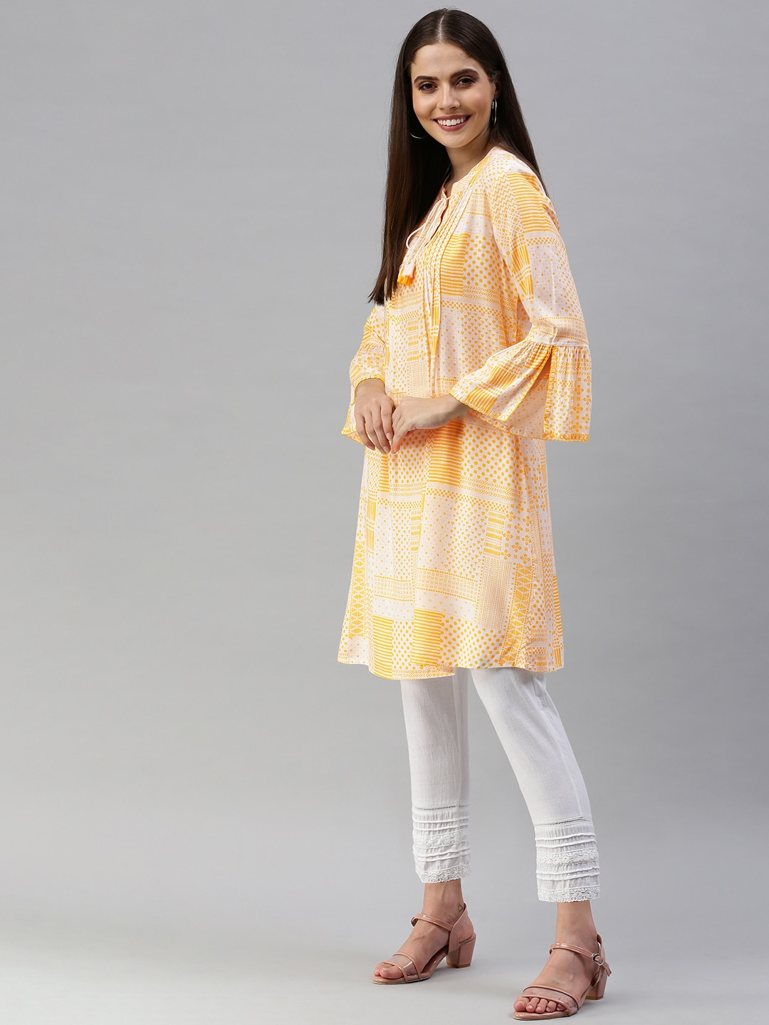 Global Desi White & Yellow Viscose Printed Tie-Up Detailed Tunic Price in India
