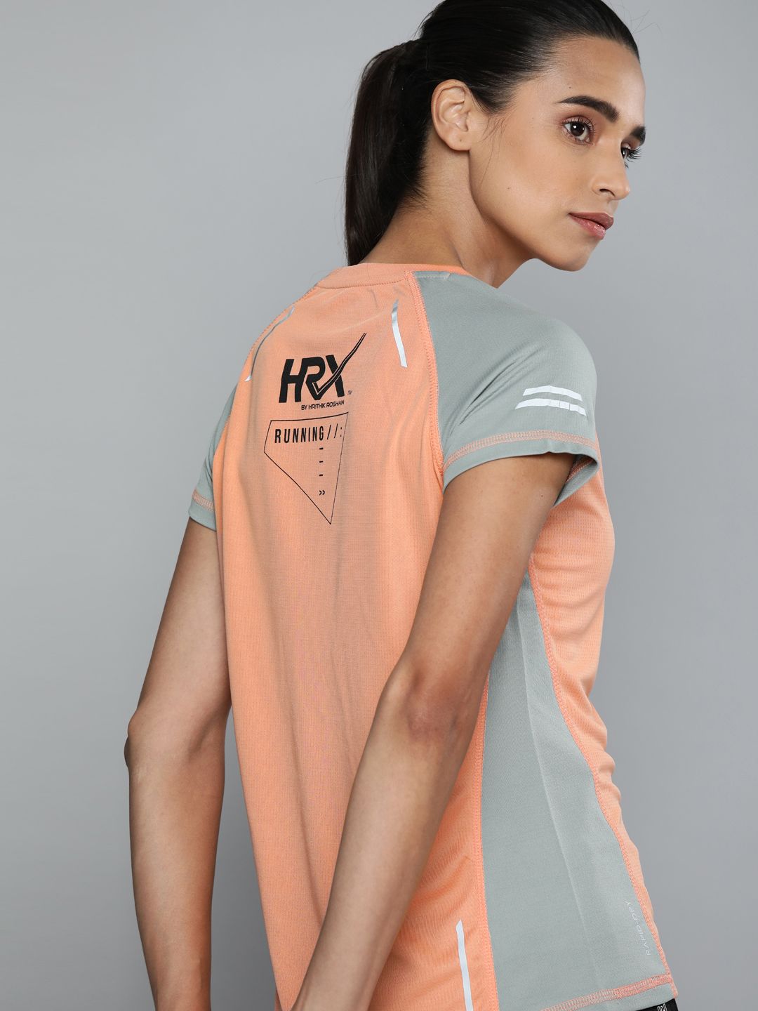 HRX by Hrithik Roshan Women Peach-Coloured Colourblocked Round Neck T-shirt