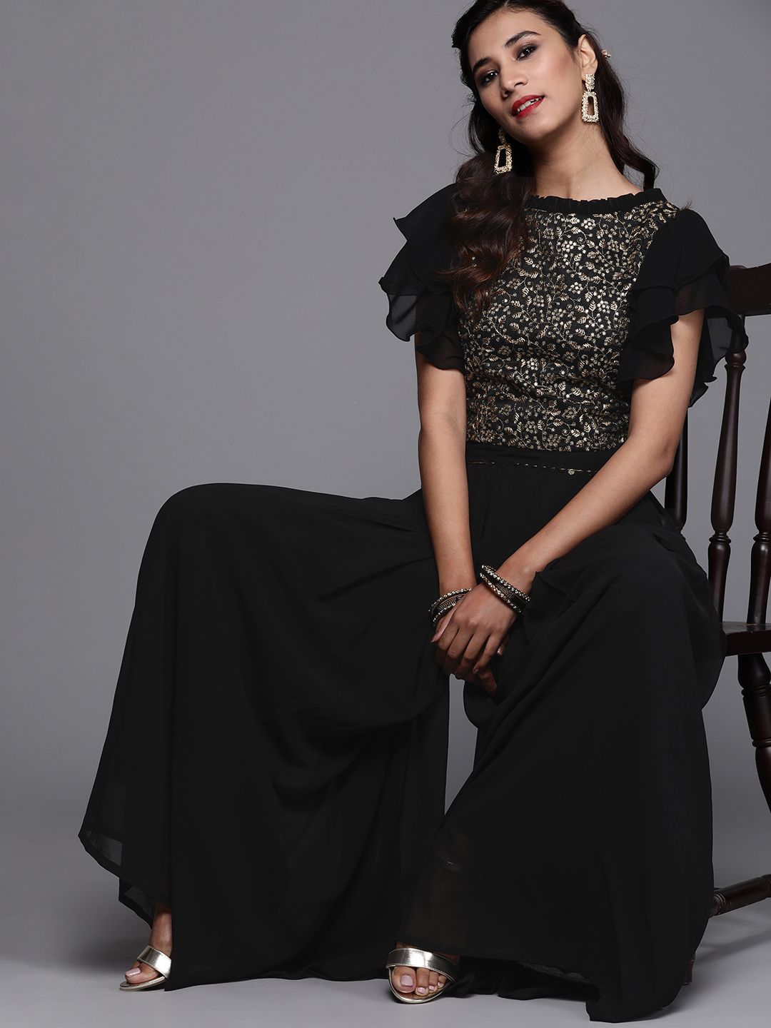 Inddus Women Black & Golden Embroidered Top with Palazzos