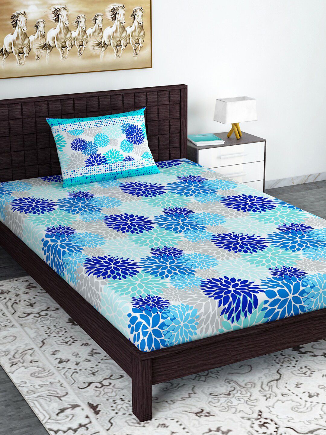 Divine Casa Blue & Turquoise Blue Floral 144 TC Cotton Single Bedsheet With Pillow Cover Price in India