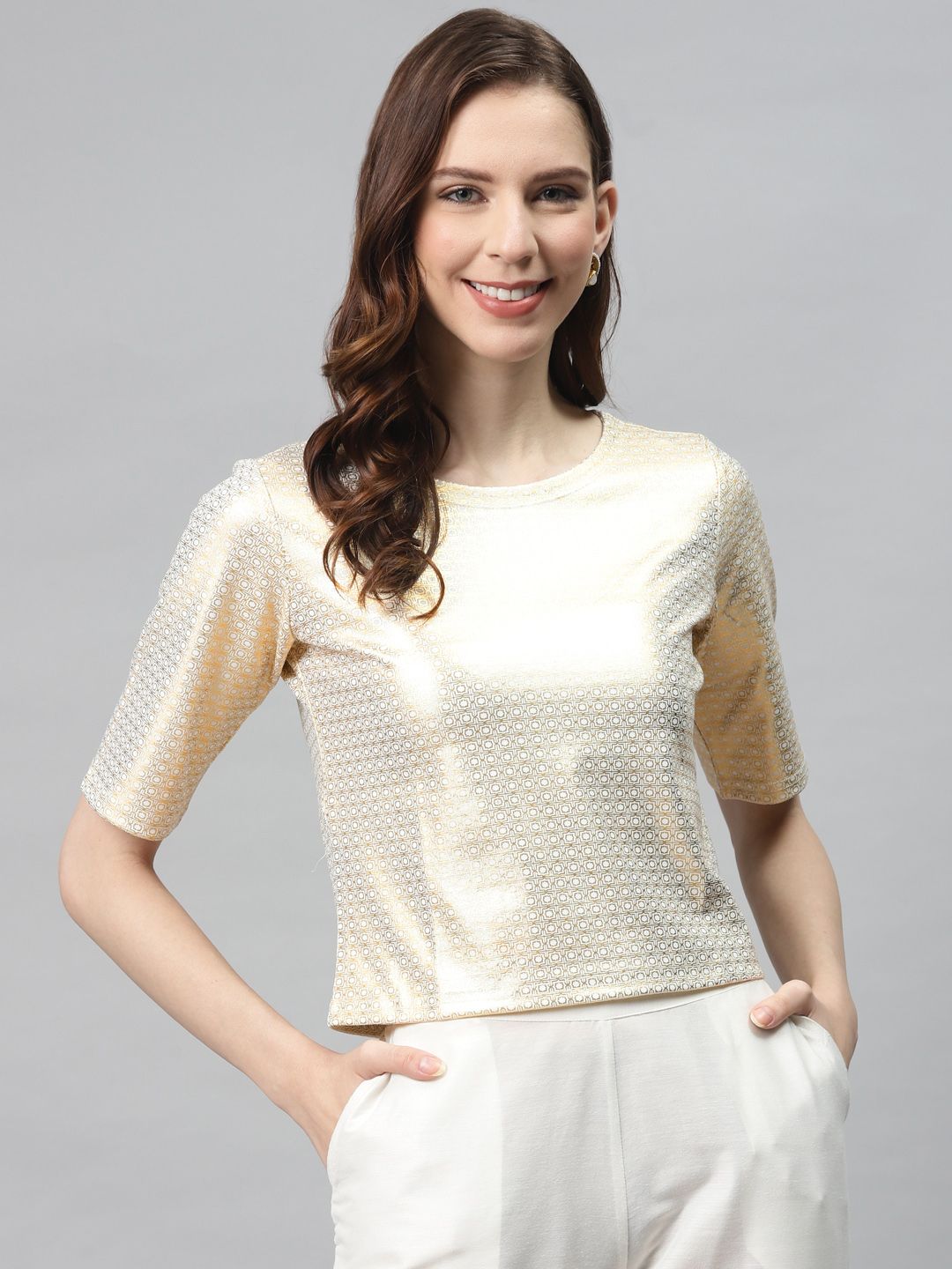 Global Desi Women Off-White & Golden Geometric Print Sheen Top