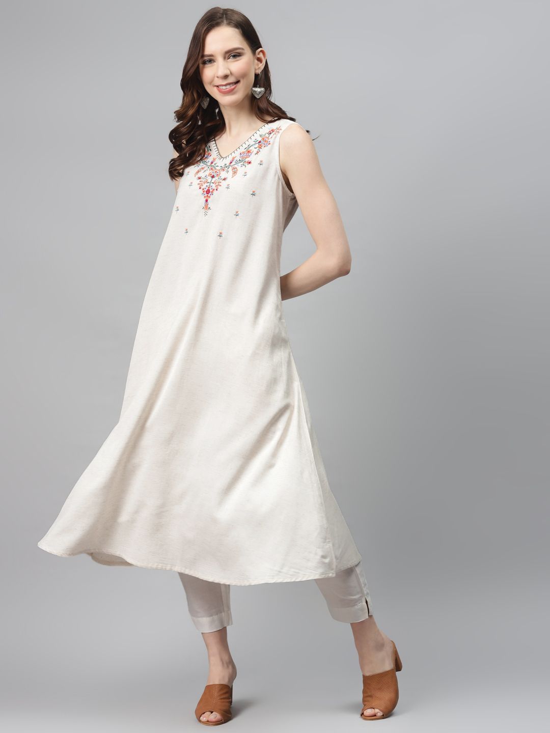 Global Desi Women Off-White & Green Yoke Design Sleeveless Sustainable A-Line Kurta Price in India