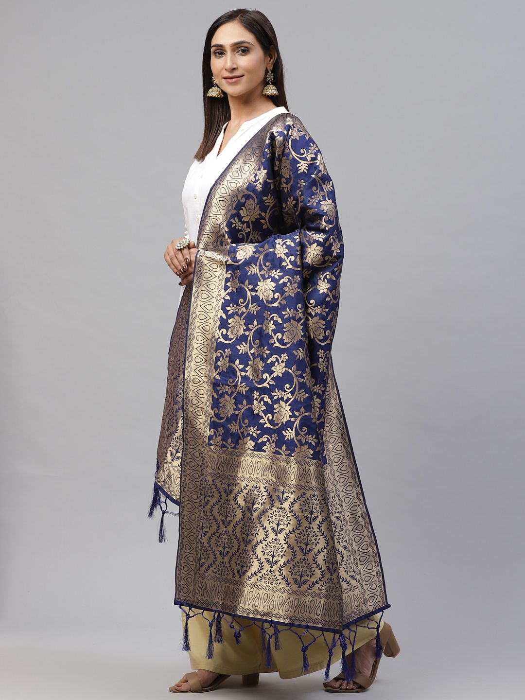 flaher Navy Blue & Golden Woven Design Banarasi Dupatta Price in India