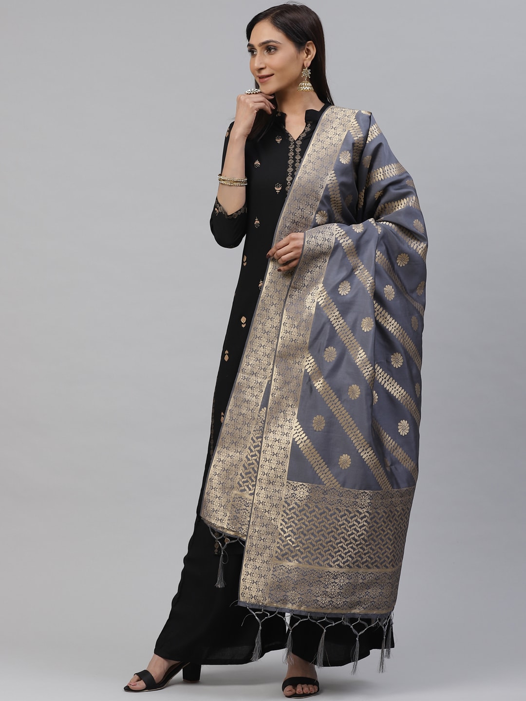 flaher Grey & Golden Woven Design Banarasi Silk Dupatta Price in India