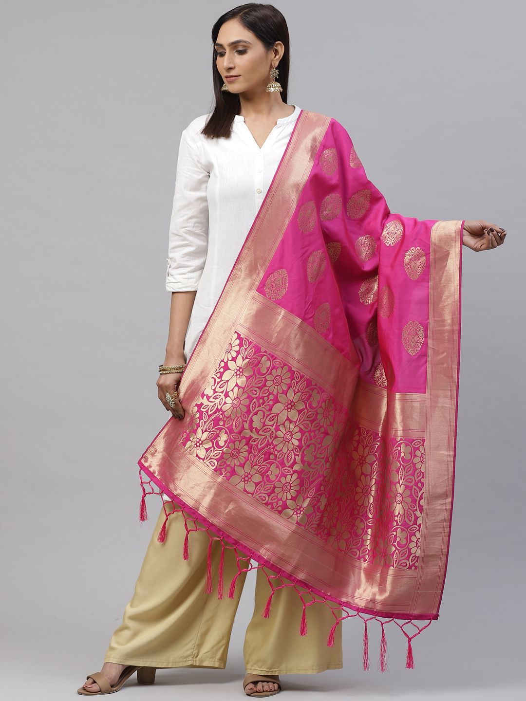 flaher Pink & Golden Woven Design Banarasi Dupatta Price in India