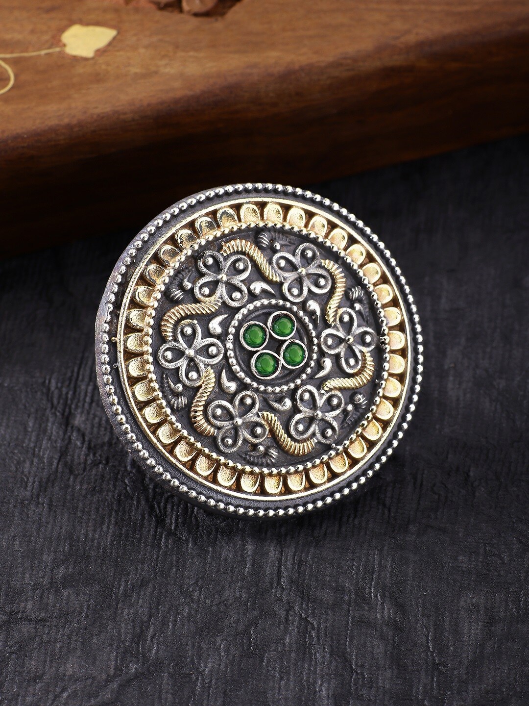 Peora Green & Bronze-Toned Silver-Plated Boho Vintage Adjustable Finger Ring Price in India