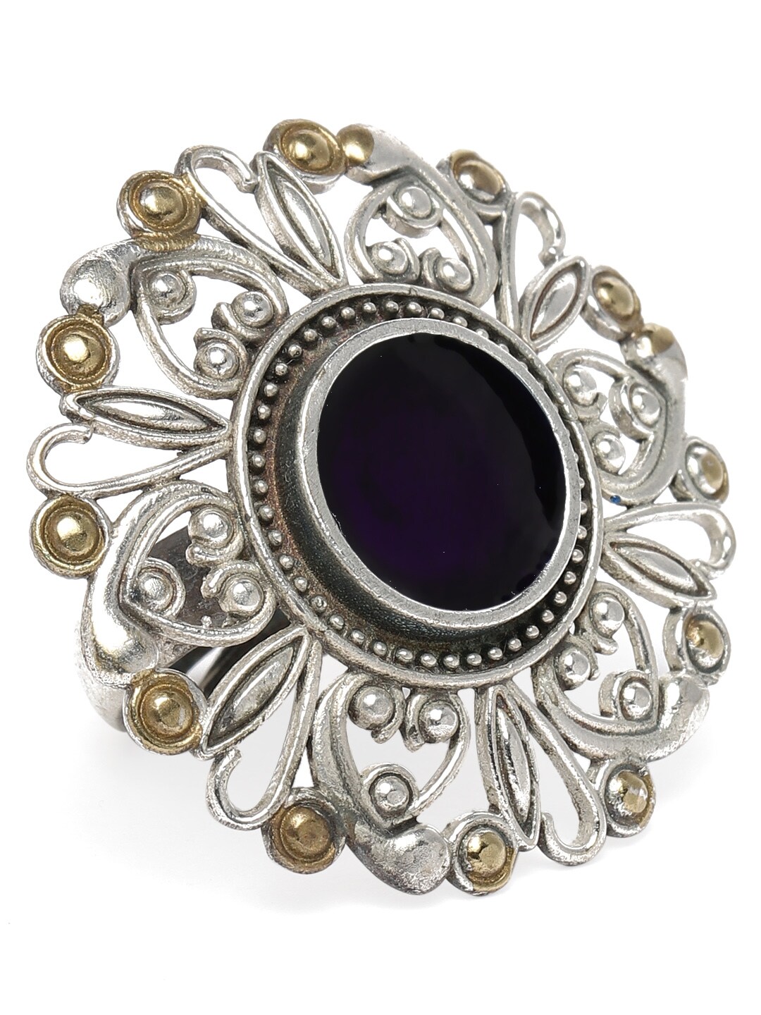 Peora Navy Blue Silver-Plated Oxidised Afghani Boho Gypsy Adjustable Finger Ring Price in India
