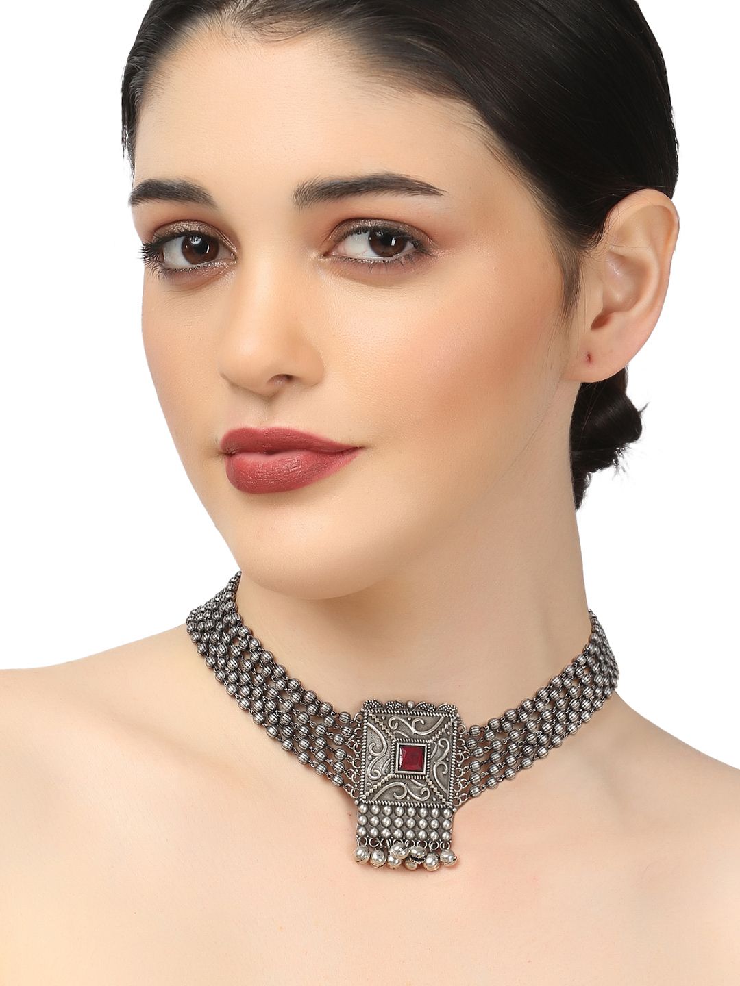 Adwitiya Collection Oxidized Silver-Plated Red Stone Studded Necklace Price in India