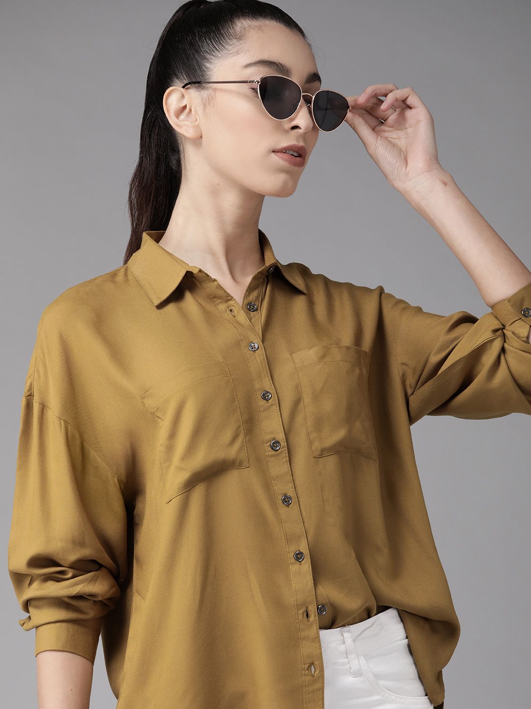 Roadster Women Olive Green Solid Regular Fit Casual Shirt