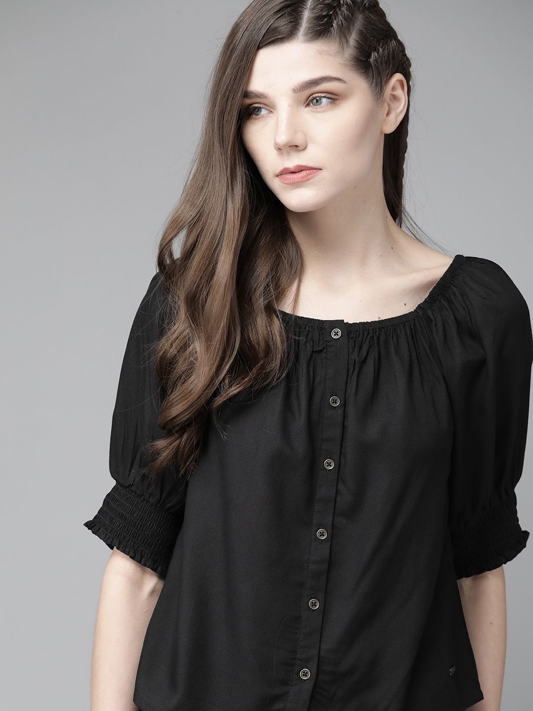 Roadster Black Solid Puff Sleeves Regular Top