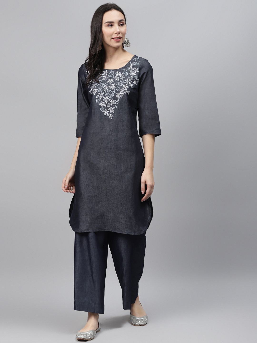 AURELIA Women Navy Blue & Off-White Denim Embroidered Yoke Design Kurta with Palazzos Price in India