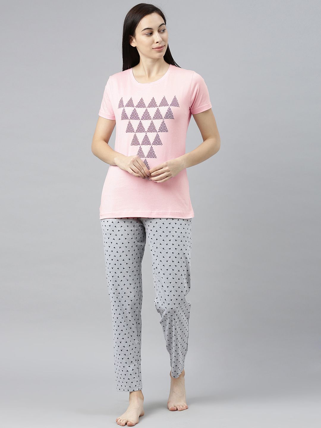 Enviously Young Women Pink & Grey Melange Printed Pure Cotton Night suit Price in India