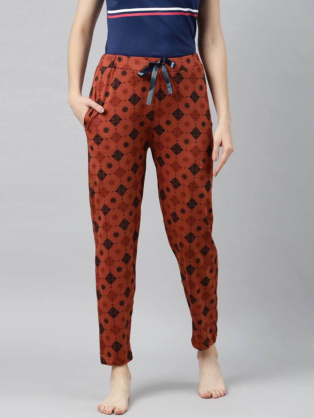 Enviously Young Women Rust Brown Printed Lounge Pants Price in India