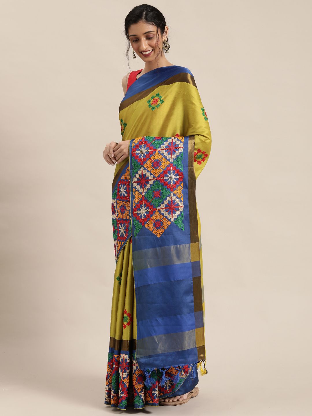 Mitera Yellow & Blue Ethnic Motifs Kutchi Embroidered Silk Cotton Saree Price in India