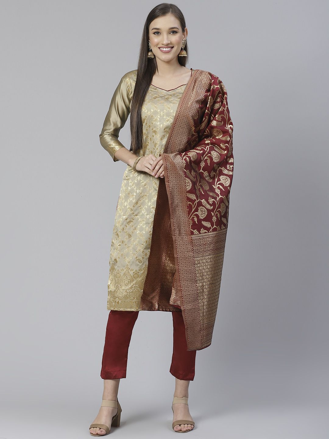DIVASTRI Beige & Maroon Woven Design Unstitched Dress Material Price in India