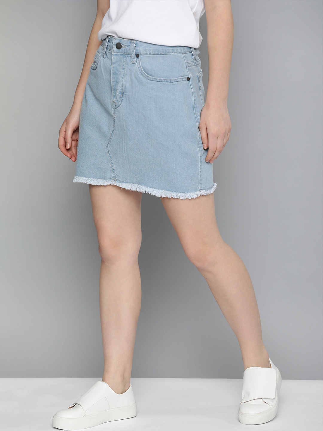 Mast & Harbour Women Washed Denim Pencil Skirt with Frayed Hem Price in India