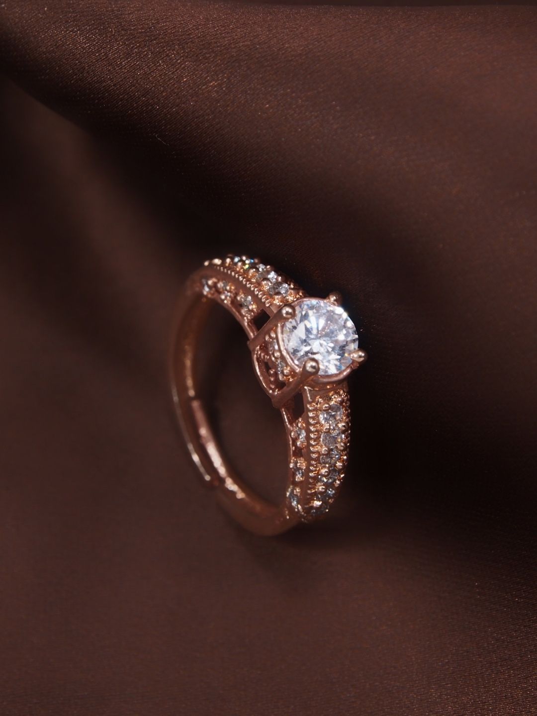 I Jewels Rose Gold-Plated Cubic Zirconia Studded Adjustable Finger Ring Price in India
