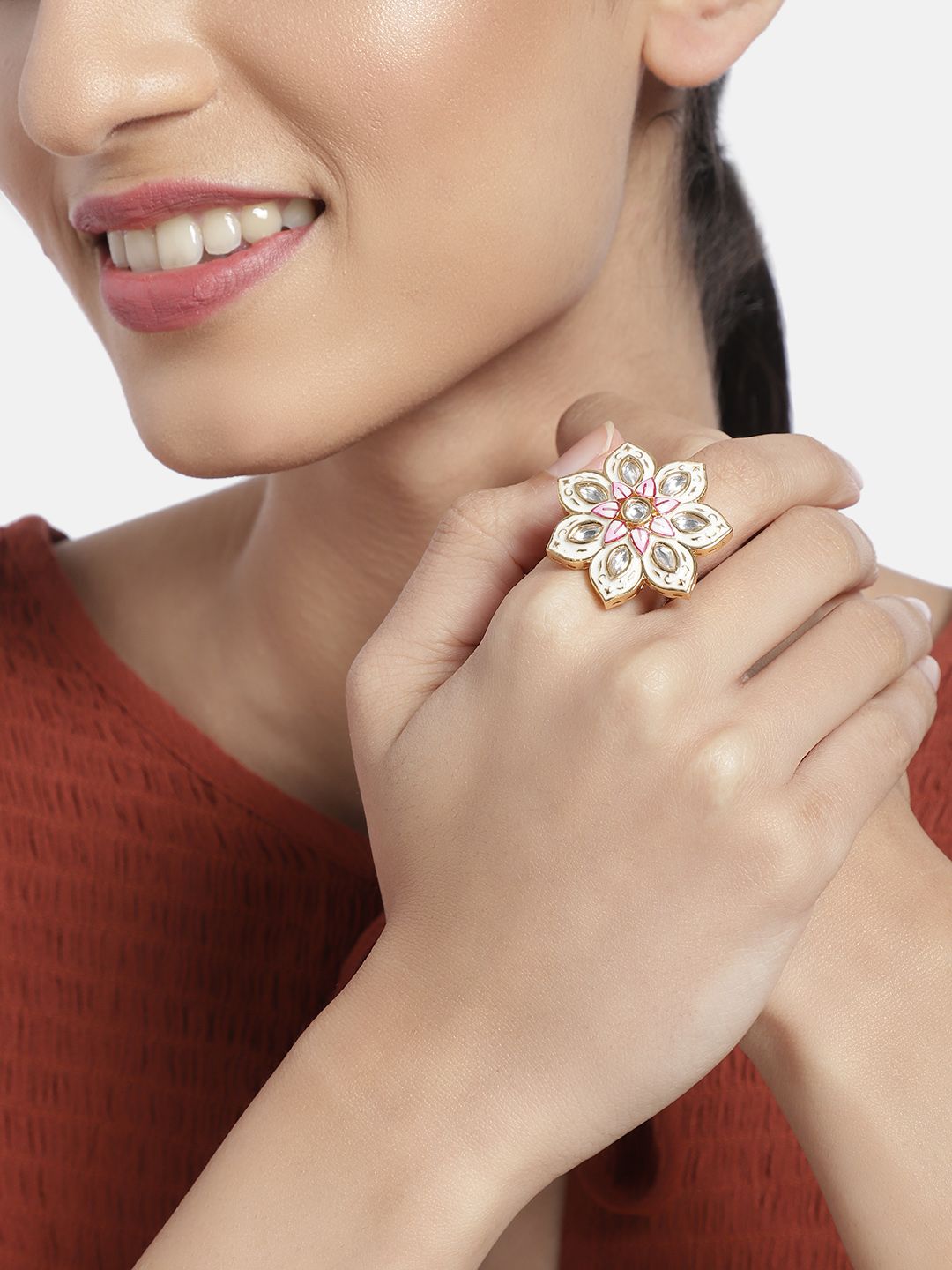 I Jewels White Gold Plated Meenakari Floral Adjustable Finger Ring Price in India