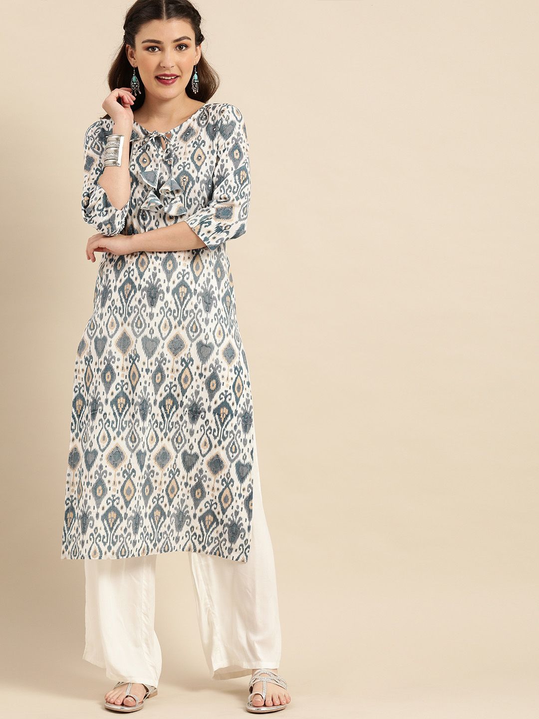 Rajnandini Women White & Grey Ikat Printed Pure Cambric Cotton Mirrored Kurta Price in India