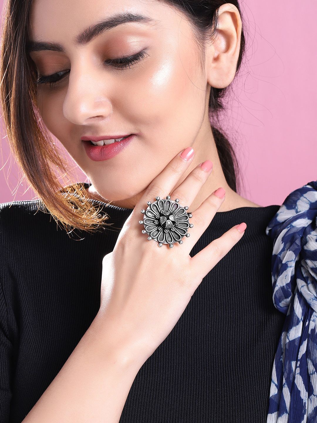 Rubans Oxidised Silver-Plated Handcrafted Finger Ring Price in India