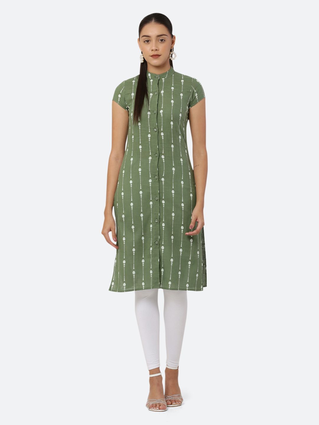 See Designs Women Green & White Pure Cotton Khari Print Straight Kurta Price in India