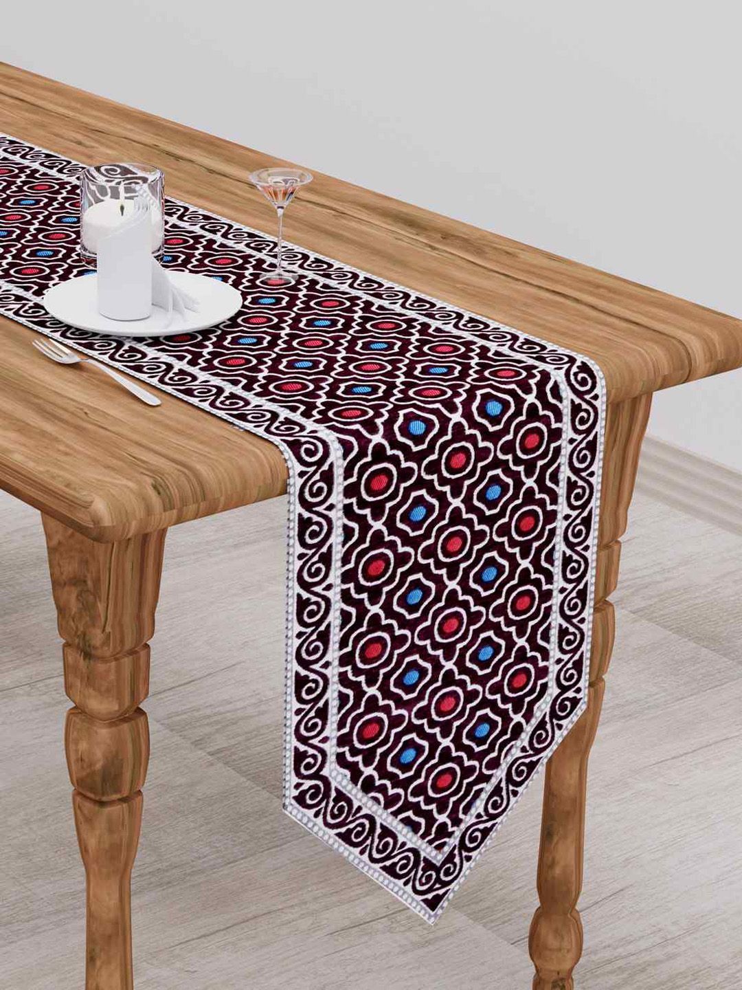 Clasiko Burgundy & White Woven Design 300 TC Table Runner Price in India