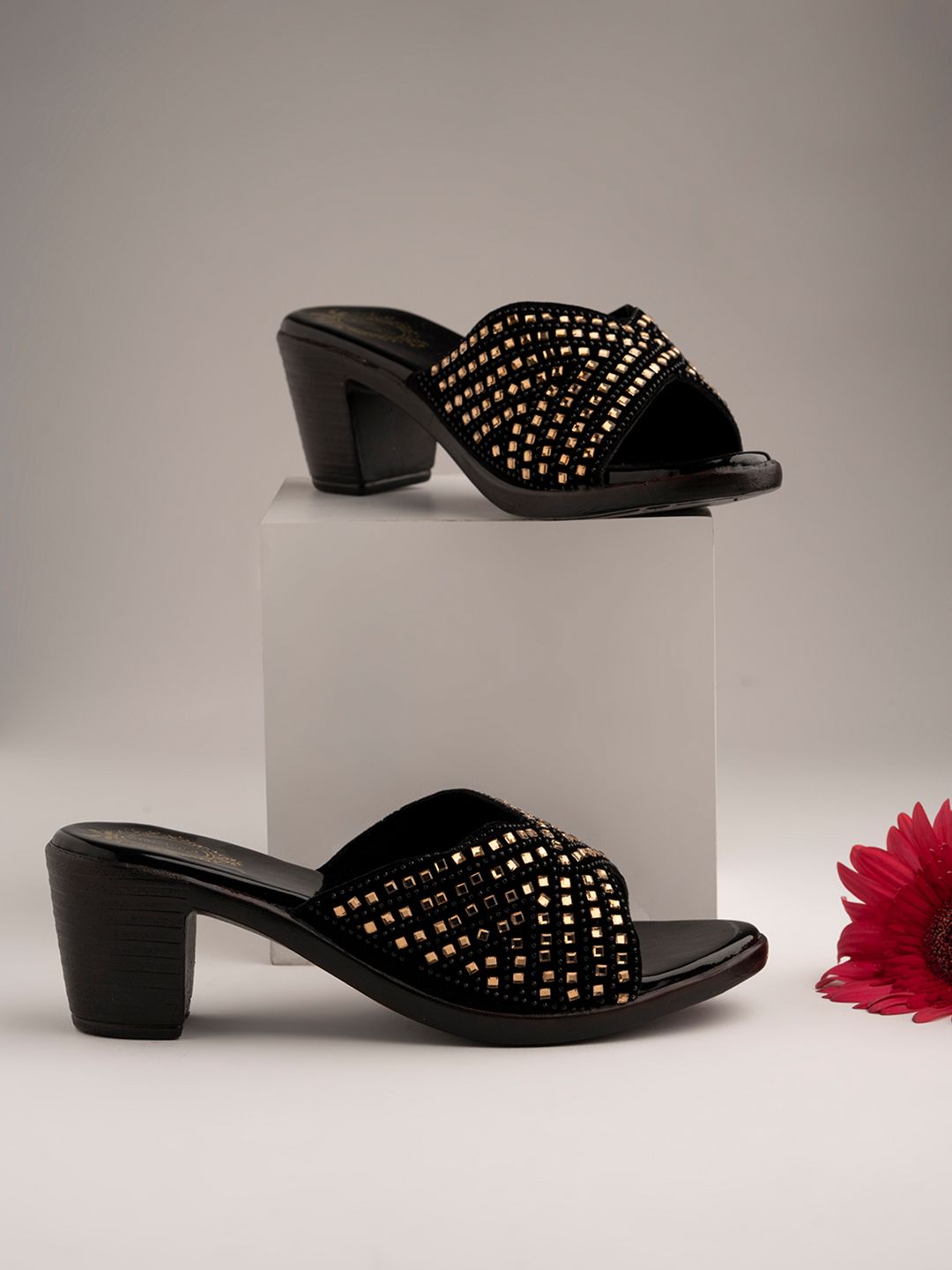 Shoetopia Women Black & Gold-Toned Embellished Sandals Price in India