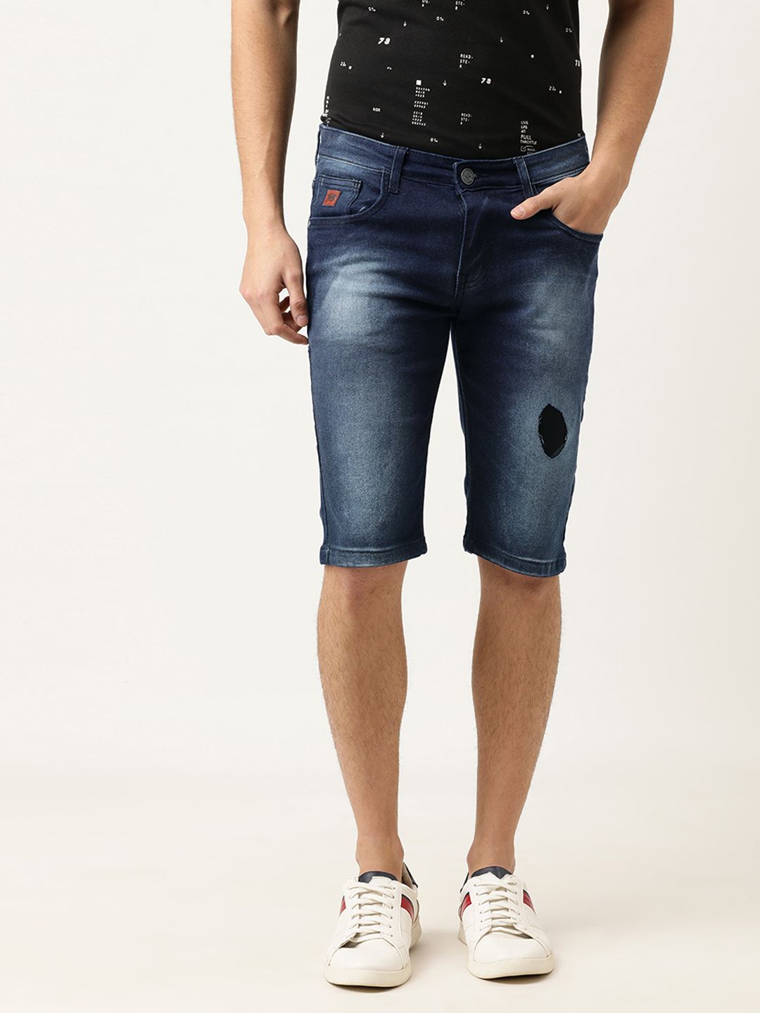 CAHOOT Men Navy Blue Washed Low Distress Regular Fit Denim Shorts