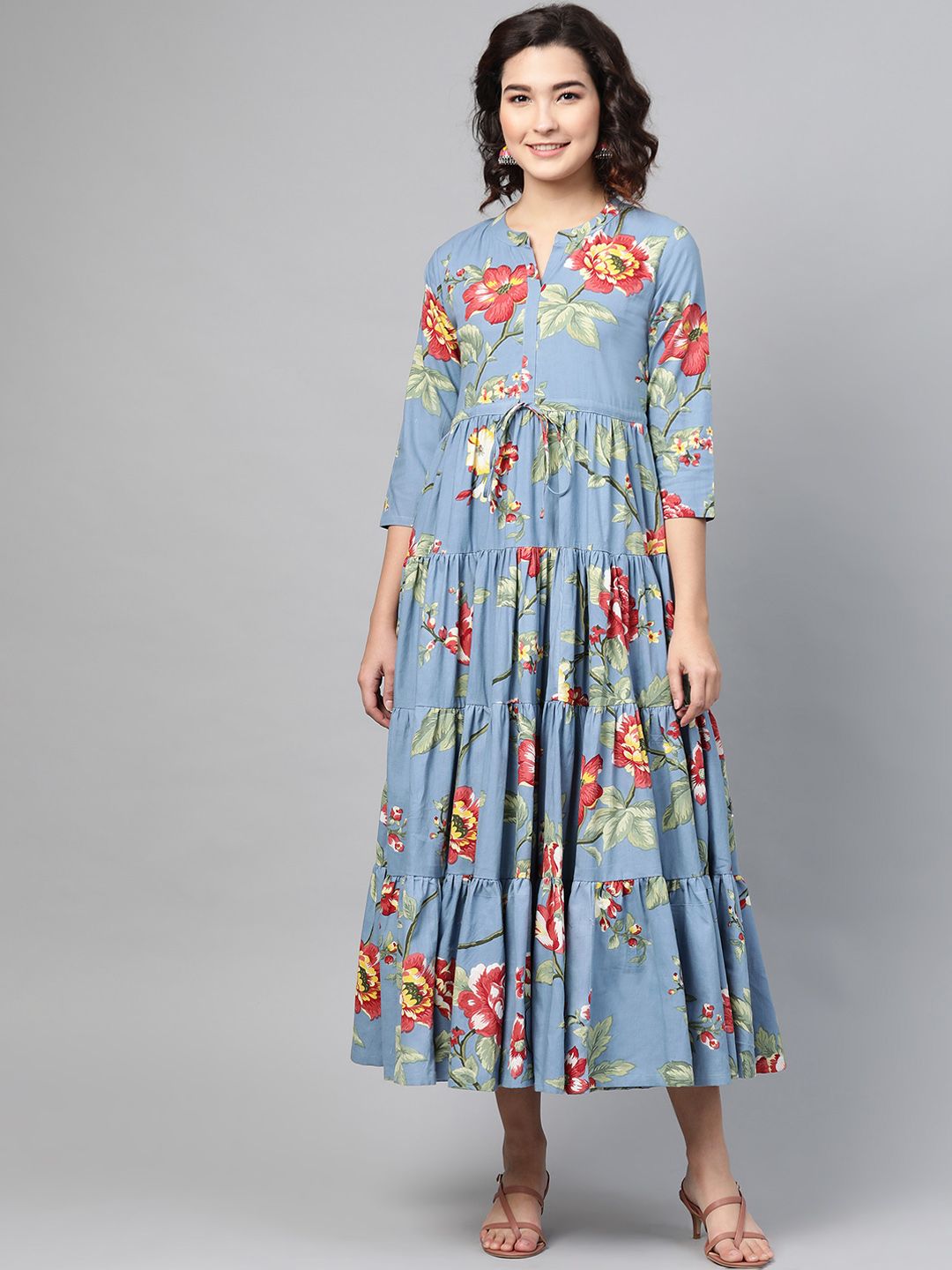 PINKSKY Women Blue & Red Floral Print Tiered Maxi Dress