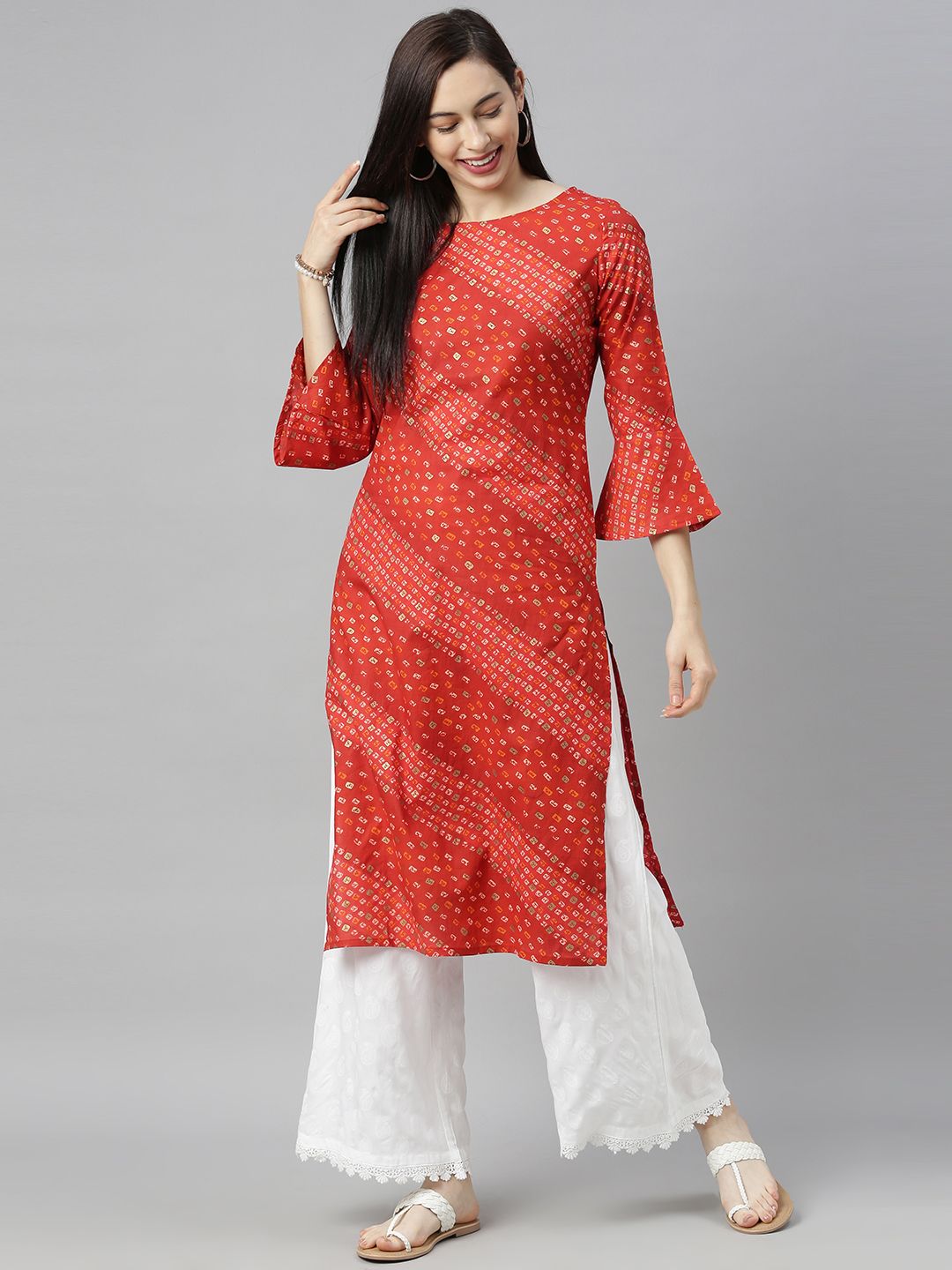 Blissta Women Red & White Bandhani Printed Bell Sleeves Kurta Price in India