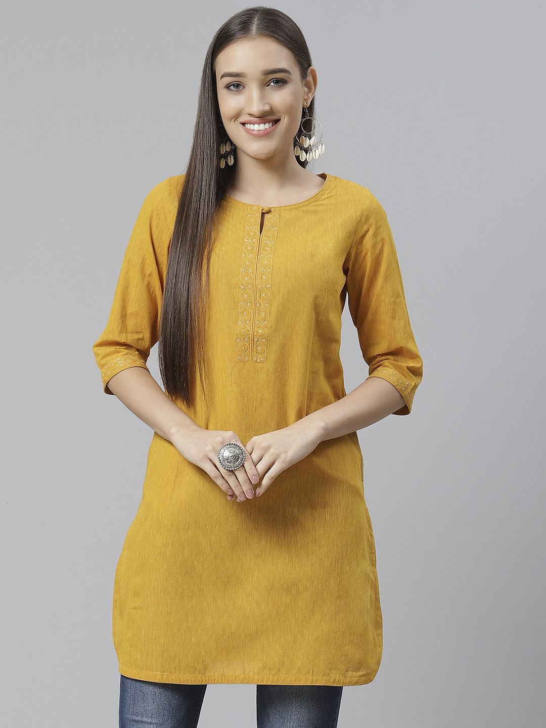 Fabindia Women Mustard Yellow Solid Pure Cotton Straight Kurta with Thread Work Detail