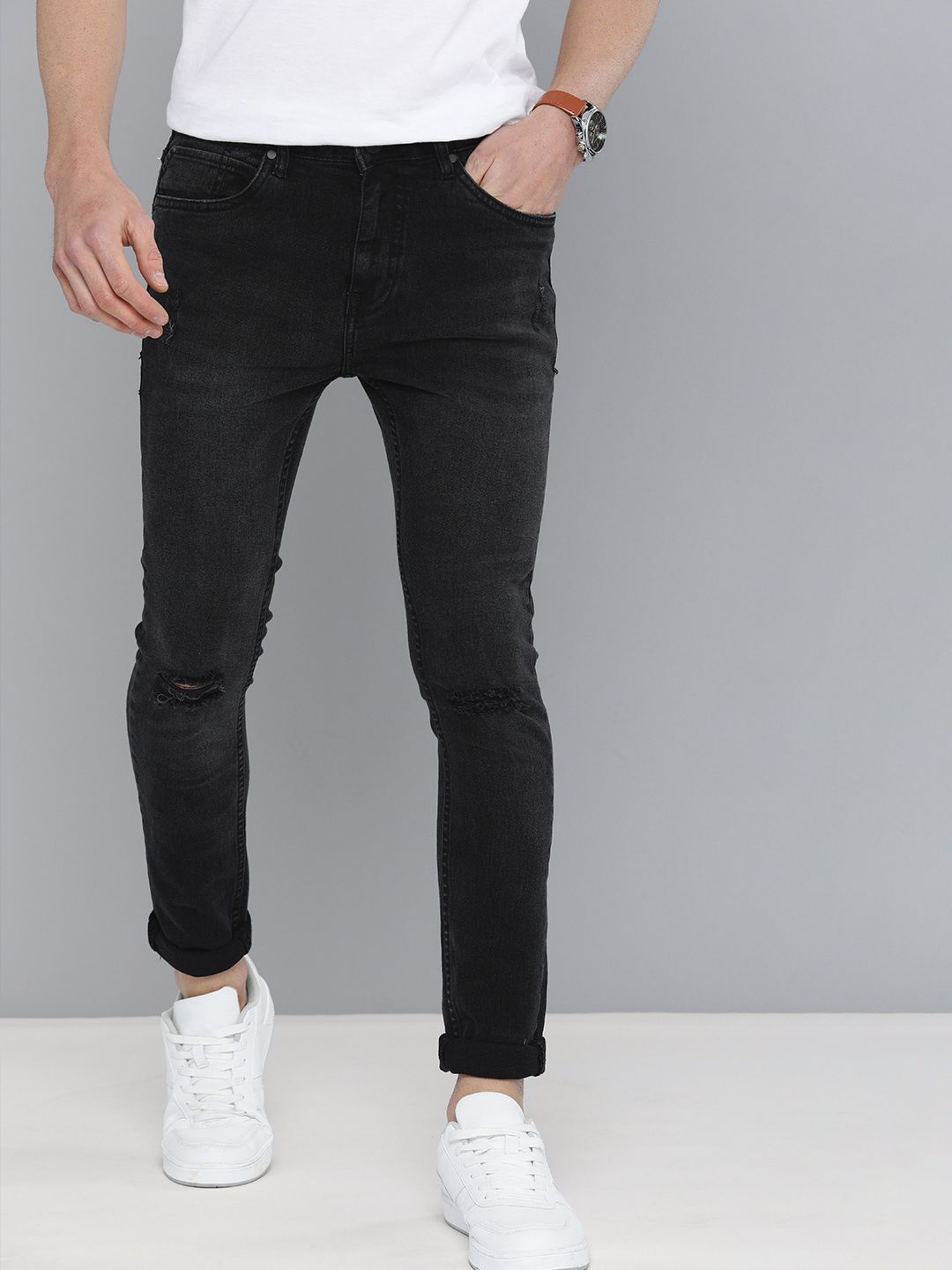 Mast & Harbour Men Black Super Skinny Fit Mid-Rise Mildly Distressed Stretchable Jeans