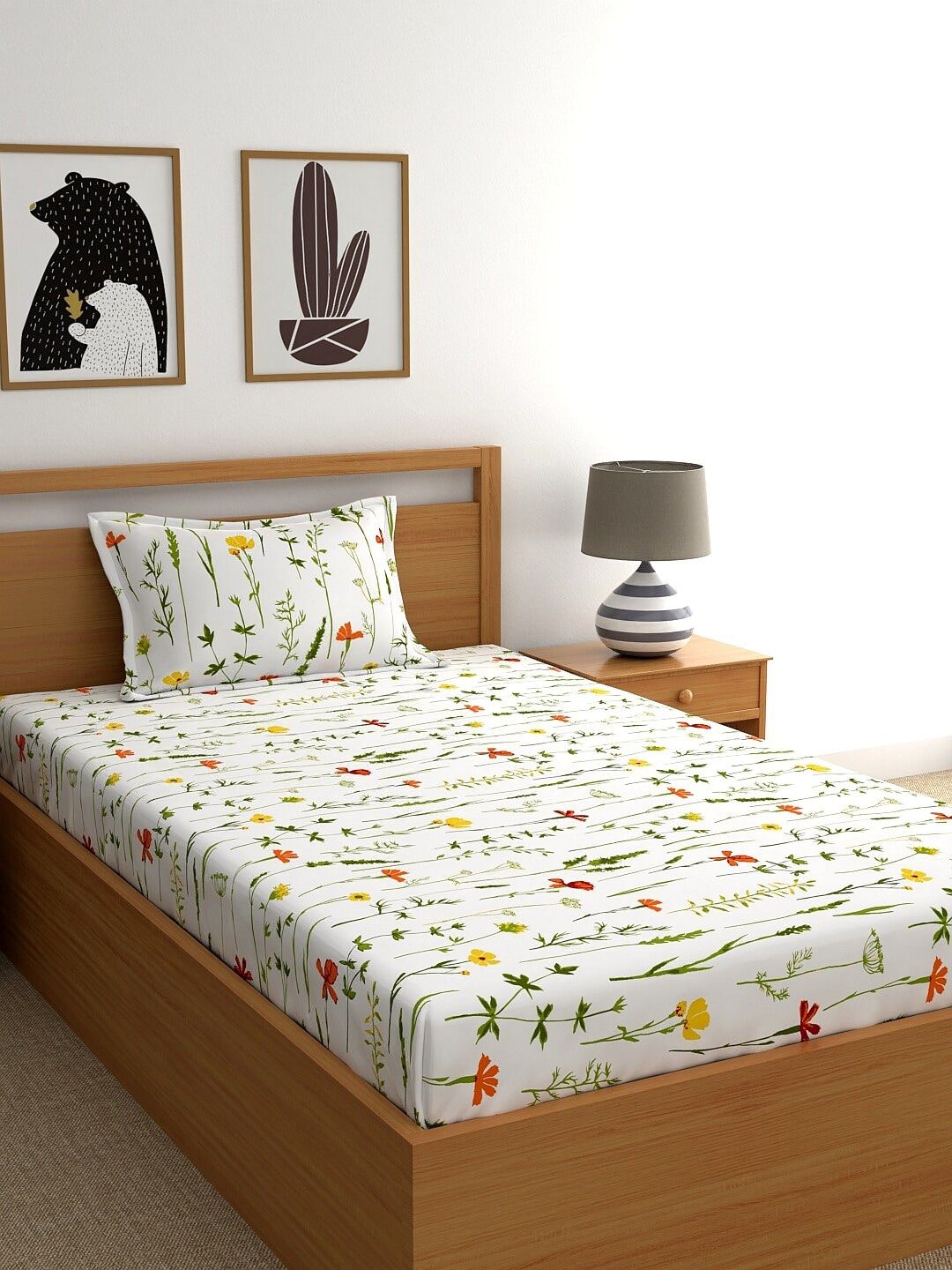 Home Ecstasy White Floral Cotton 140 TC Single Bedsheet with a Pillow Cover-60 x 86 inches