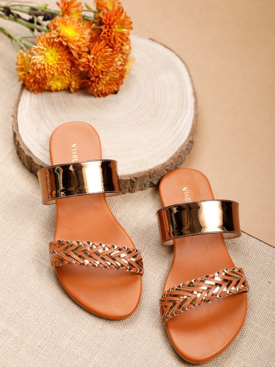 Vishudh Women Tan Brown & Gold Woven Design Open Toe Flats Price in India