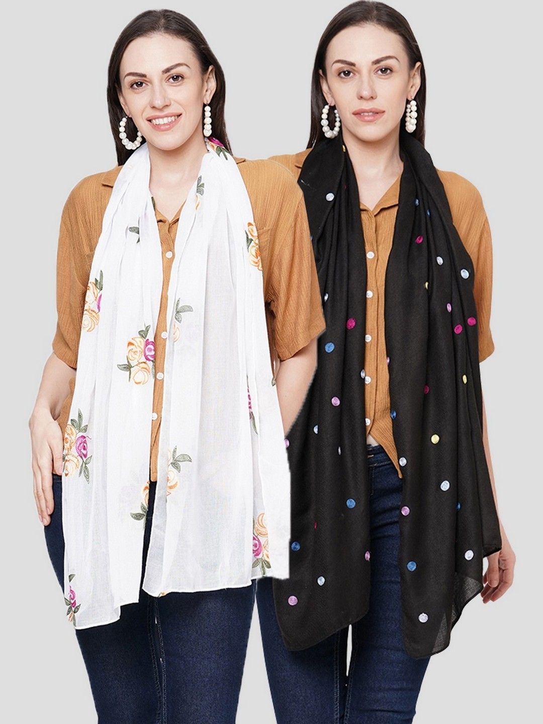 Get Wrapped Women White Embroidered Scarves Pack of 2 Price in India