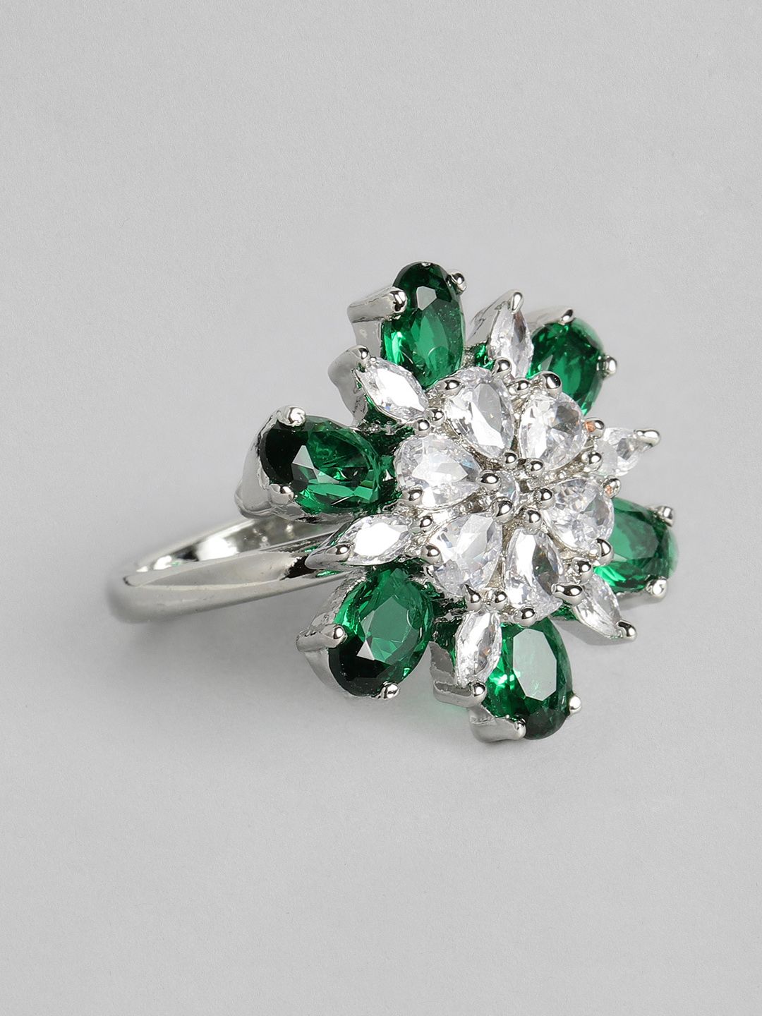 justpeachy Green & Silver-Toned Rhodium-Plated AD Studded Adjustable Finger Ring Price in India