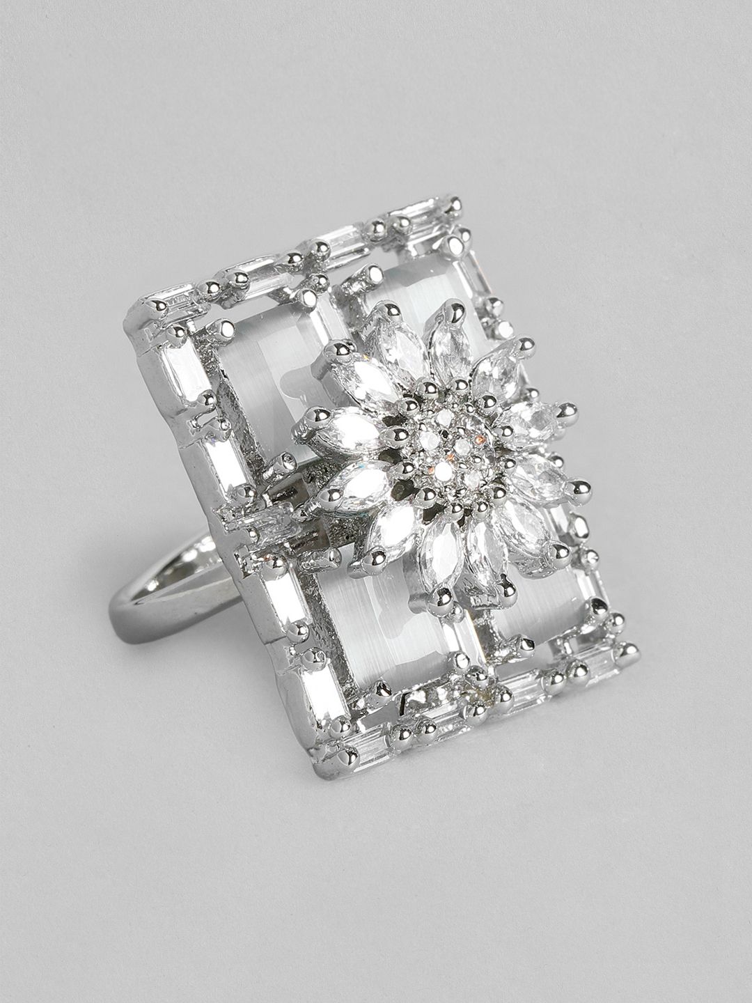 justpeachy Silver-Toned Rhodium-Plated AD Studded Finger Ring Price in India