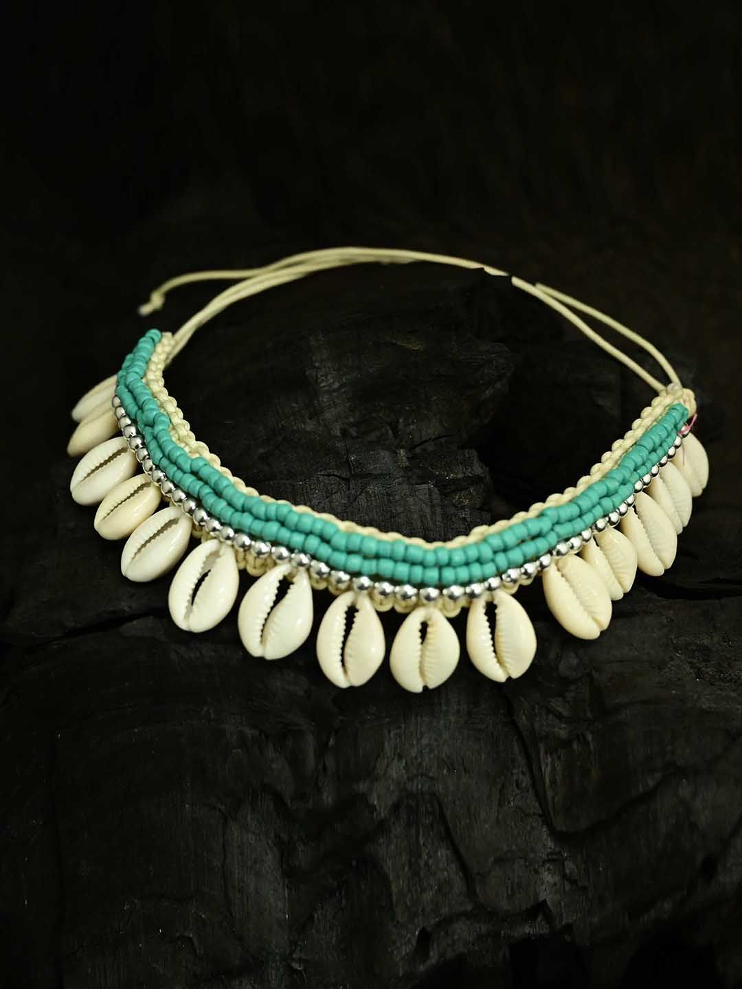 justpeachy White & Blue Beaded Choker Necklace Price in India