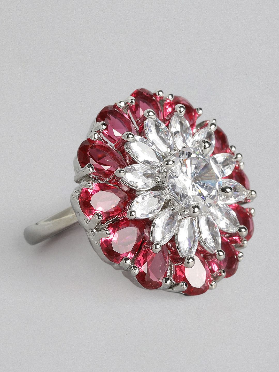 justpeachy Red & Silver-Toned Rhodium-Plated AD Studded Adjustable Finger Ring Price in India