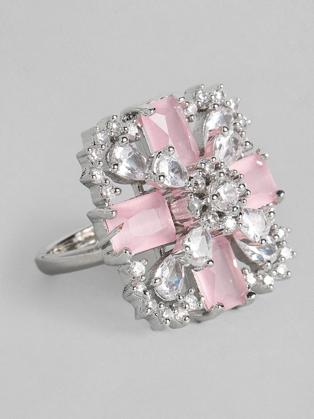 justpeachy Pink & Silver-Toned Rhodium-Plated AD Studded Adjustable Finger Ring Price in India