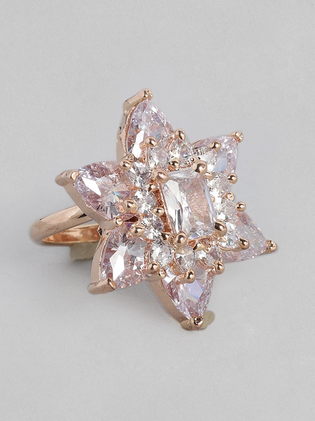 justpeachy White Rose Gold Plated Stone Studded Star Shaped Non-Adjustable Finger Ring Price in India