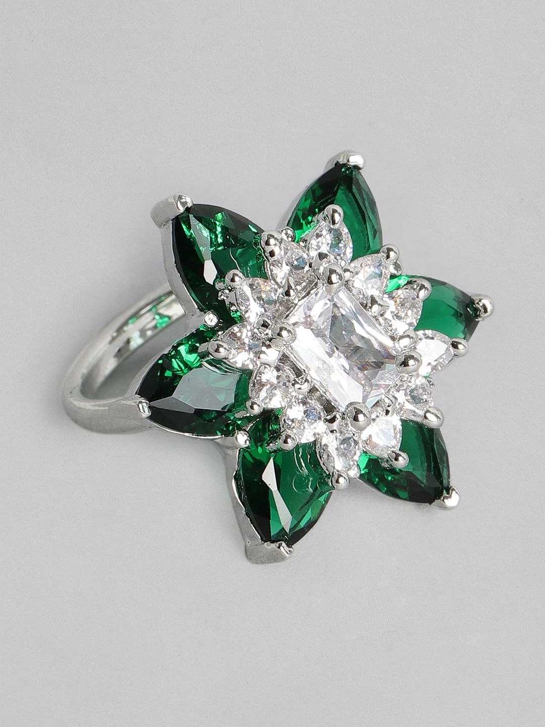 justpeachy Green & White Rhodium-Plated AD Studded Floral Adjustable Finger Ring Price in India