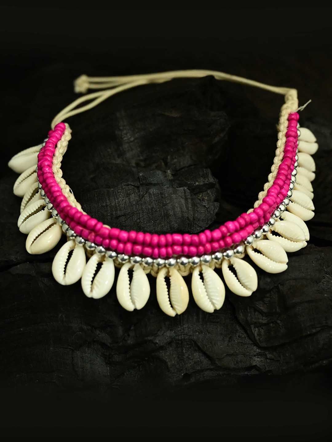 justpeachy Pink & White Beaded Choker Necklace Price in India
