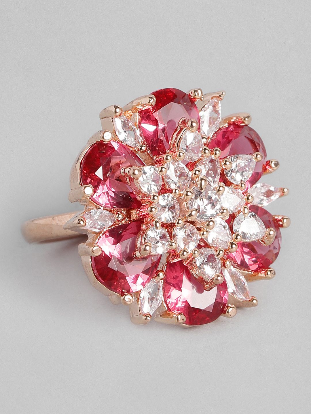 justpeachy Red Rose Gold Plated Stone Studded Non-Adjustable Finger Ring Price in India
