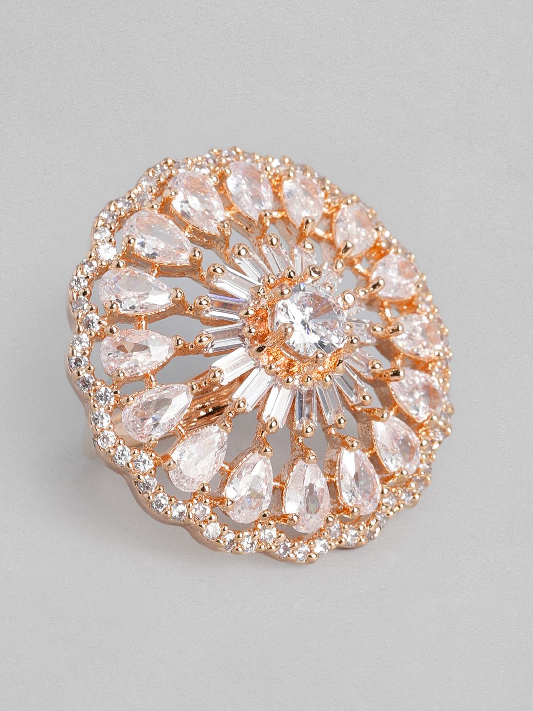 justpeachy White Rose Gold Plated Stone Studded Circular Shape Non-Adjustable Finger Ring Price in India