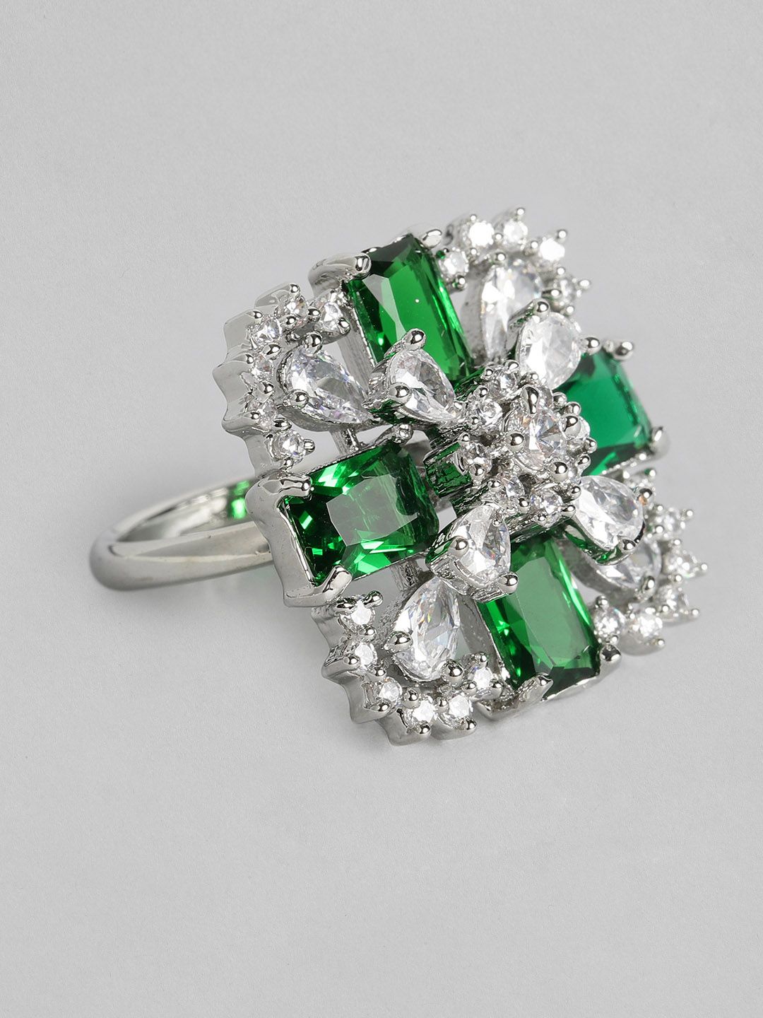 justpeachy Green & Silver-Toned Rhodium-Plated Embellished Finger Ring Price in India