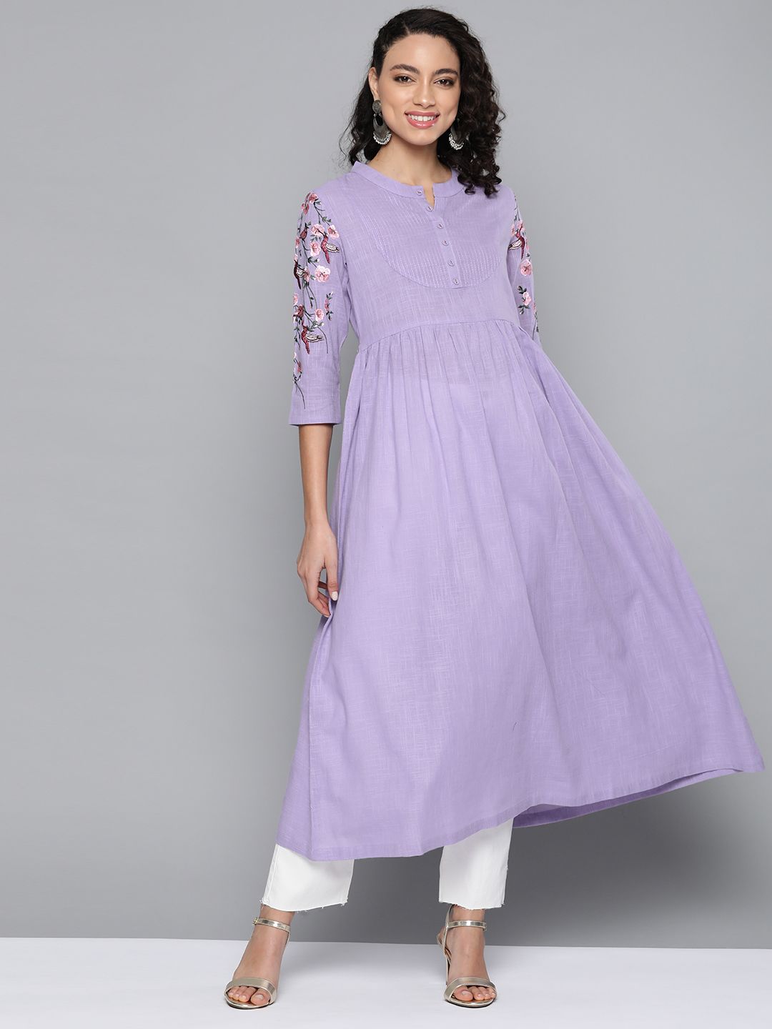 HERE&NOW Women Lavender Pure Cotton Solid A-Line Kurta Price in India